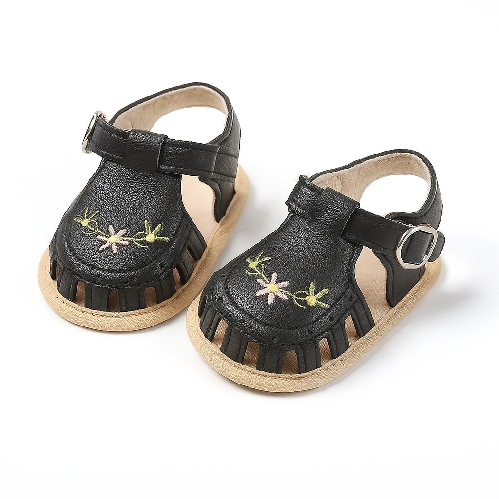 Sandales Noires Trio de Fleurs