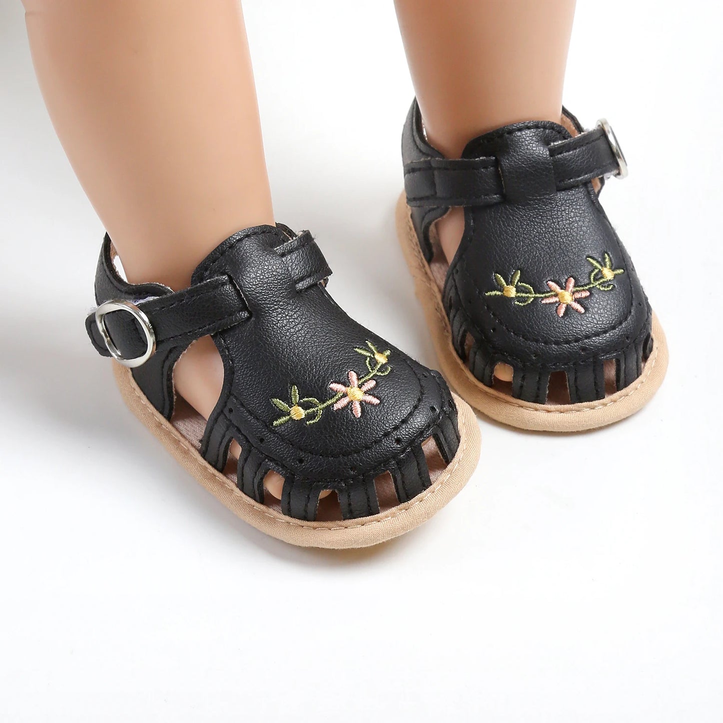 Sandales Noires Trio de Fleurs