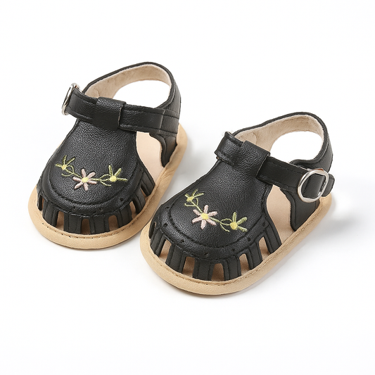 Sandales Noires Trio de Fleurs